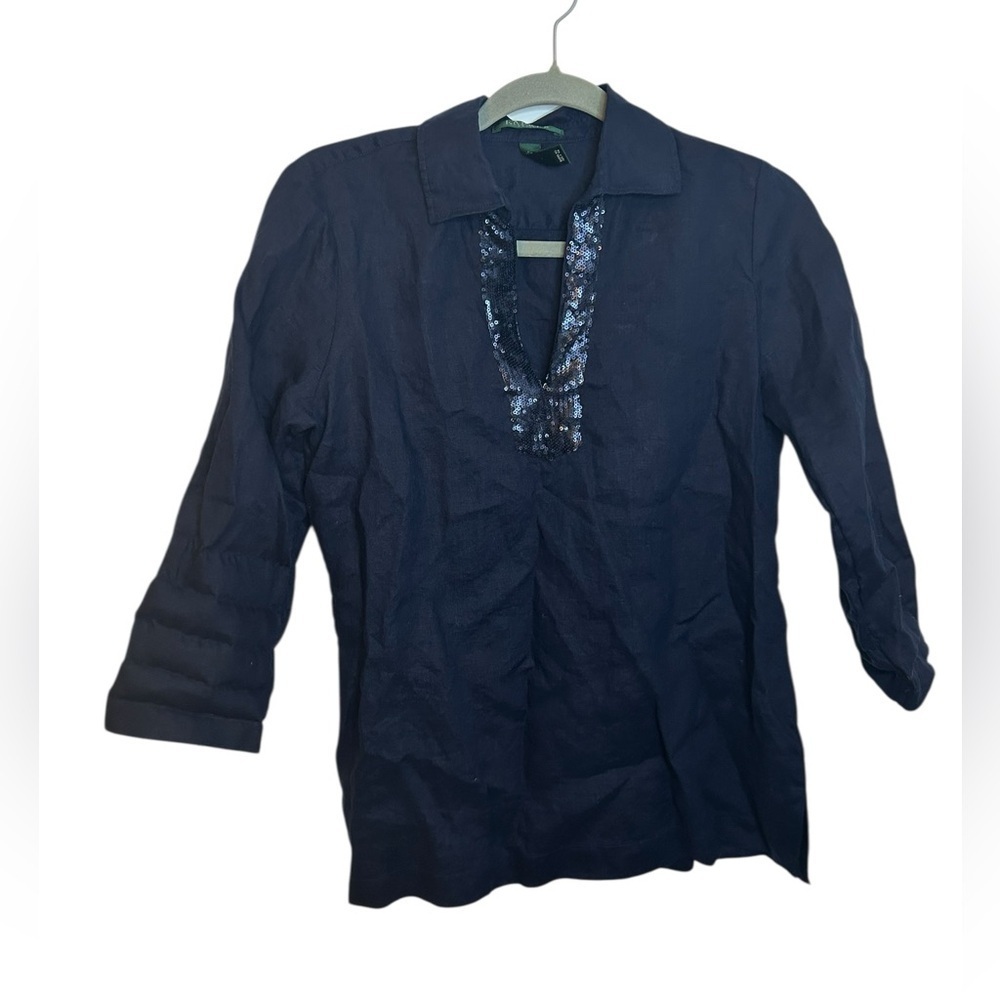 Ralph Lauren Navy Blue Linen Sequin Tunic Top